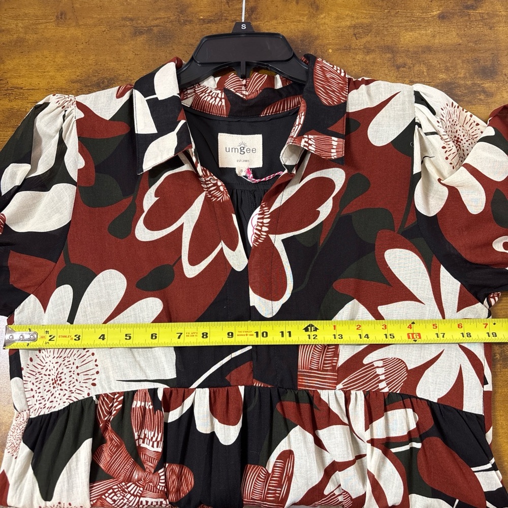 Umgee Rust Mix Floral Tiered Midi Dress 3/4 Puff Sleeves Lined NWT - Picture 5 of 8